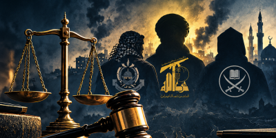 Balance de justice face à la ville en ruines
